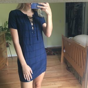 Navy blue dress with black grid stripes